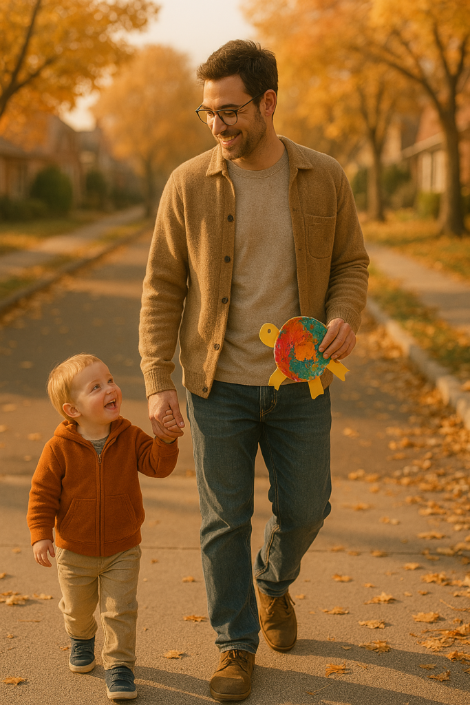Padre paseando con su hijo tras recogerlo de la guardería, llevando una manualidad infantil