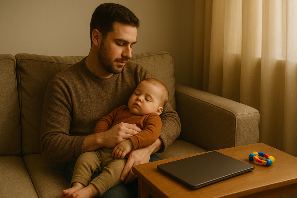 Padre con su hijo dormido en brazos mientras trabaja desde casa