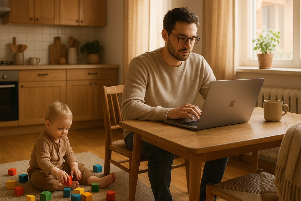 Padre trabajando desde casa con su hijo pequeño jugando cerca